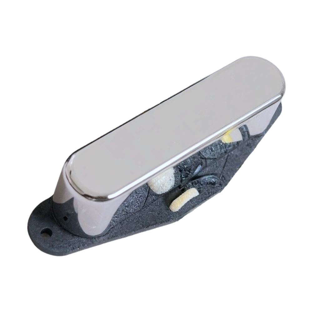 Brickhouse Toneworks 1953 Telecaster neck pickup with chrome cover and black flatwork base on a white background