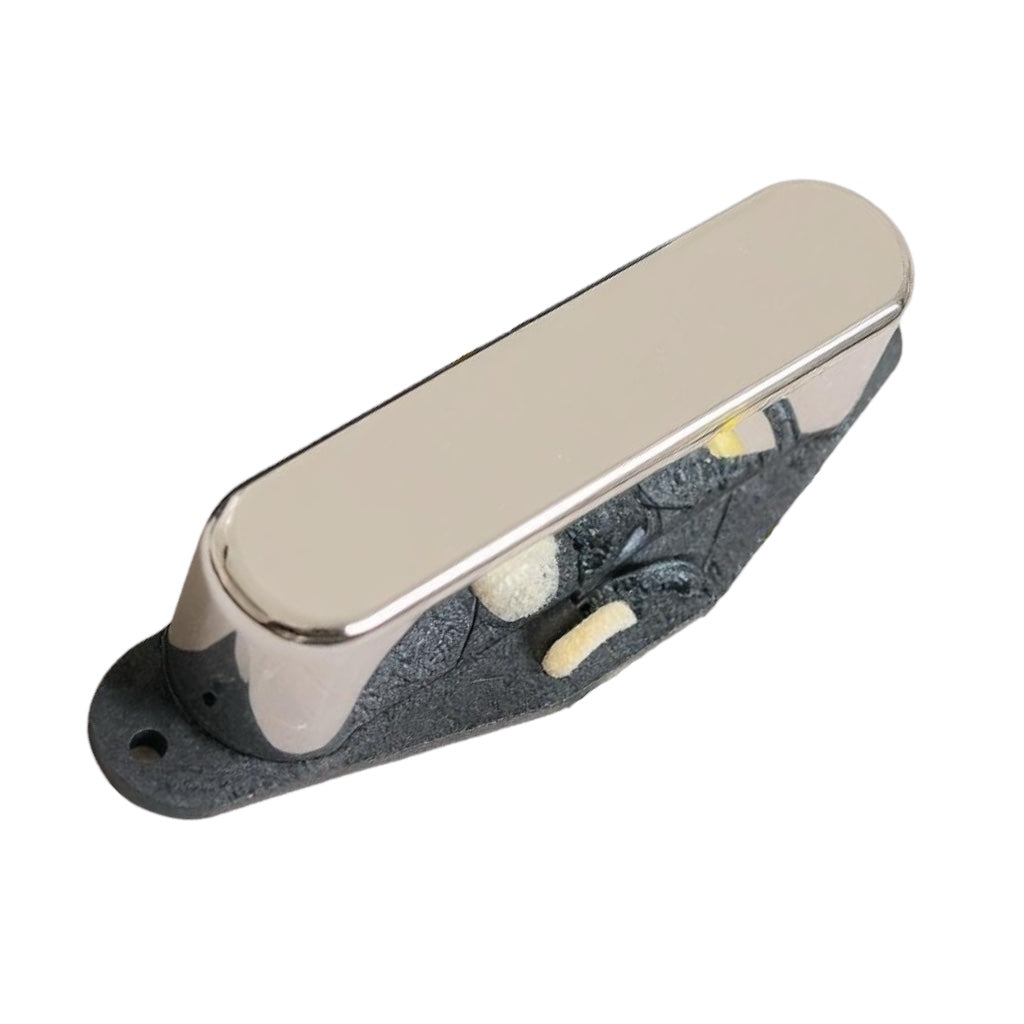 Brickhouse Toneworks 1953 Telecaster neck pickup with nickel cover and black flatwork base on a white background