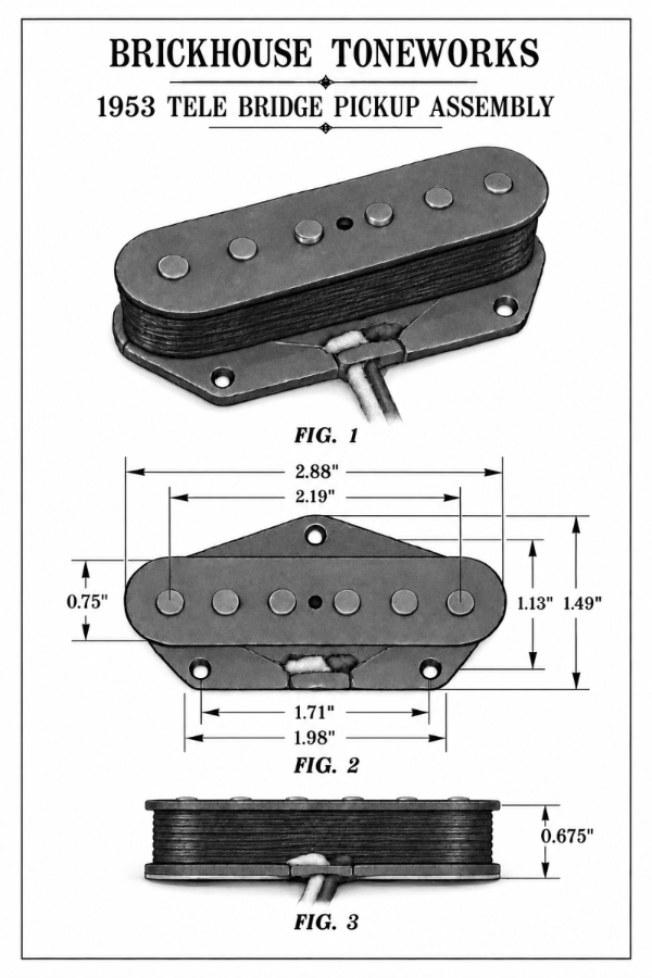 Dimensional drawings of the Brickhouse Toneworks 1953 Tele Bridge Pickup