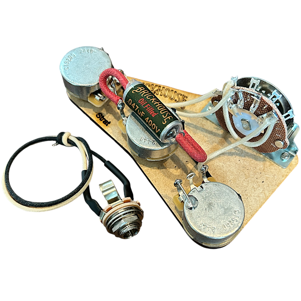 Brickhouse Toneworks prewired Stratocaster 5-way wiring harness with CTS pots, .047uf 400V oil-filled capacitor, 5-way switch, and Switchcraft output jack
