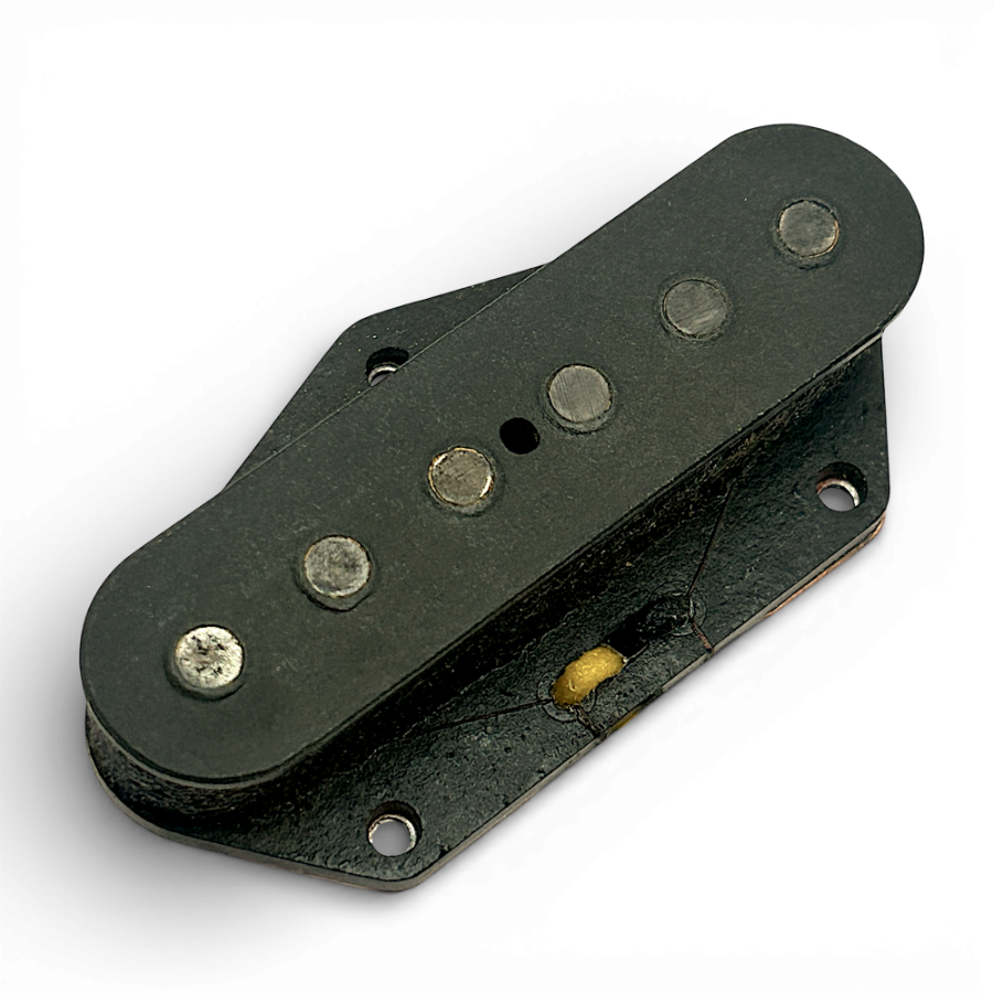 Brickhouse Toneworks 1953-style aged Telecaster bridge pickup - black flatwork with oxidized alnico poles on white background