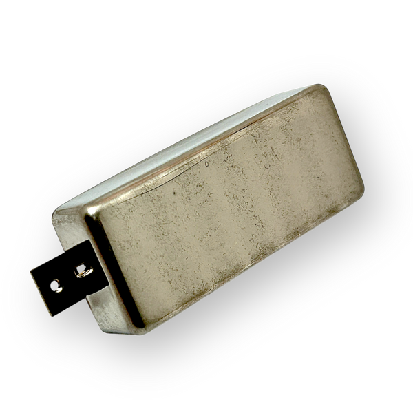 Brickhouse Toneworks aged Firebird mini-humbucker pickup - relic nickel cover, angled view on white background