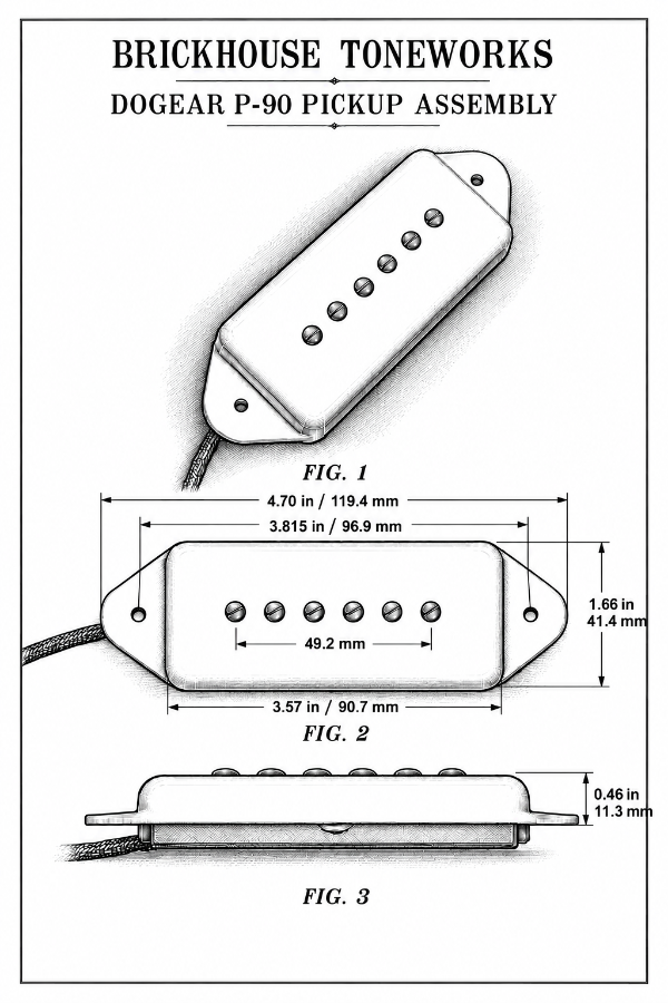 Dimensional drawings of the Brickhouse Toneworks Dogear P-90