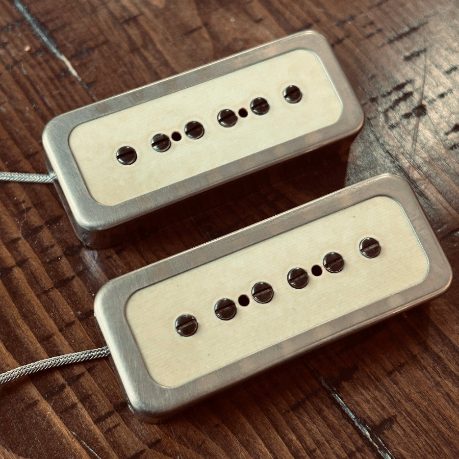 Brickhouse Toneworks Mint Top BH-90 P-90 pickup set - with nickel surrounds on wood surface