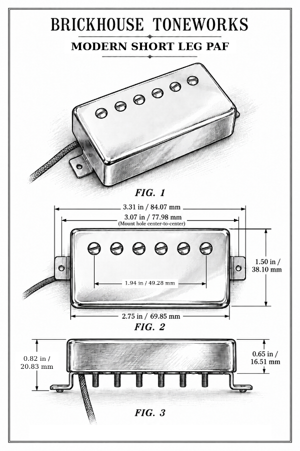 Dimensional drawings of the Brickhouse Toneworks Short Leg PAF Humbucker