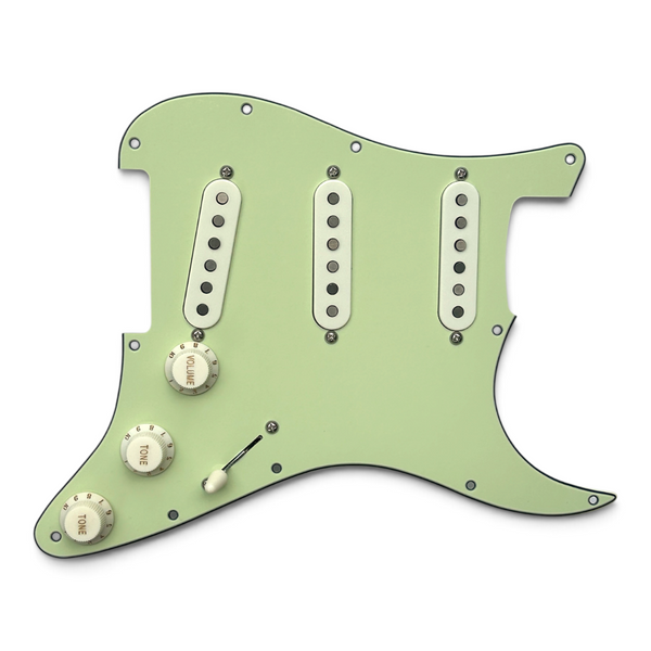 Brickhouse Toneworks Prewired Strat Pickguard - mint green with three single-coil pickups and volume tone controls