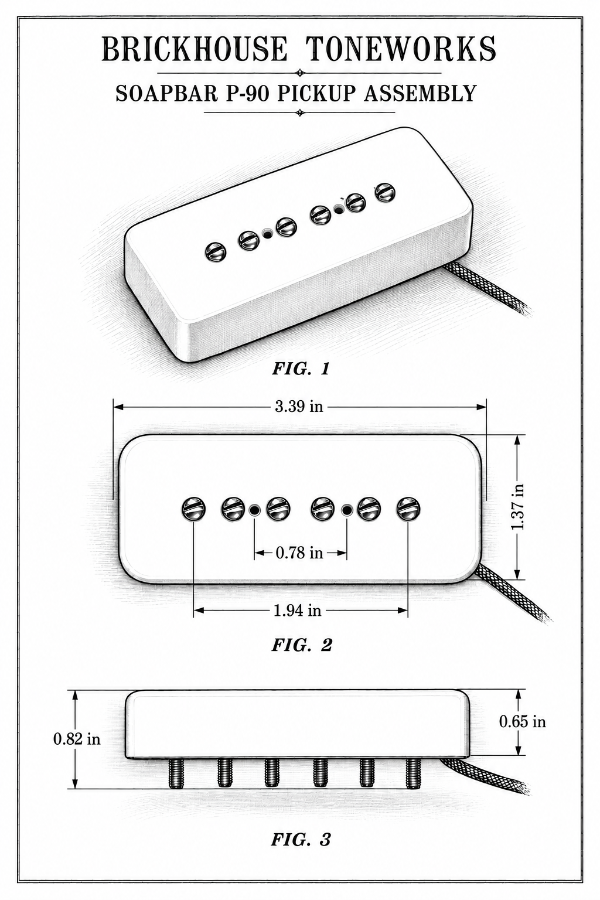 Dimensional drawings of the Brickhouse Toneworks Soapbar P-90