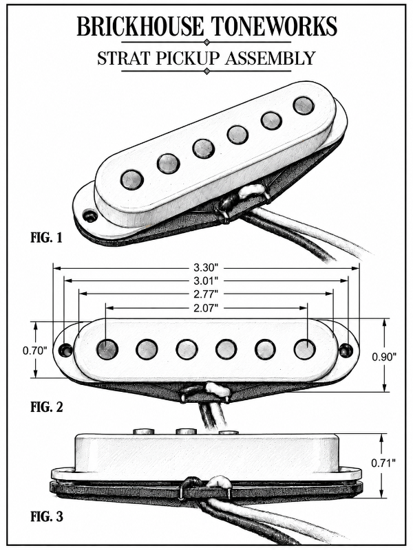 Dimensional drawings of the Brickhouse Toneworks Strat Pickup 