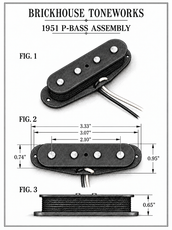 Technical assembly diagram for a 1951 P-Bass assembly by Brickhouse Toneworks, showing three labeled views