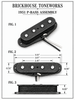 Technical assembly diagram for a 1951 P-Bass assembly by Brickhouse Toneworks, showing three labeled views